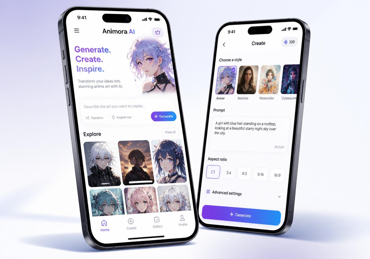Animora AI mobile app showing AI-generated artwork gallery and the prompt creation screen