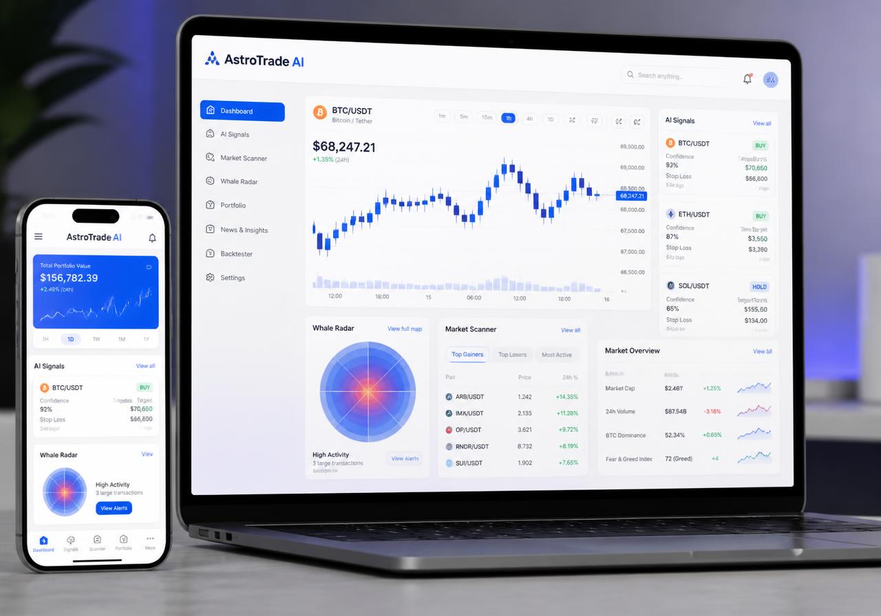 AstroTrade AI dashboard on laptop and phone showing charts, AI signals, whale radar and market scanner