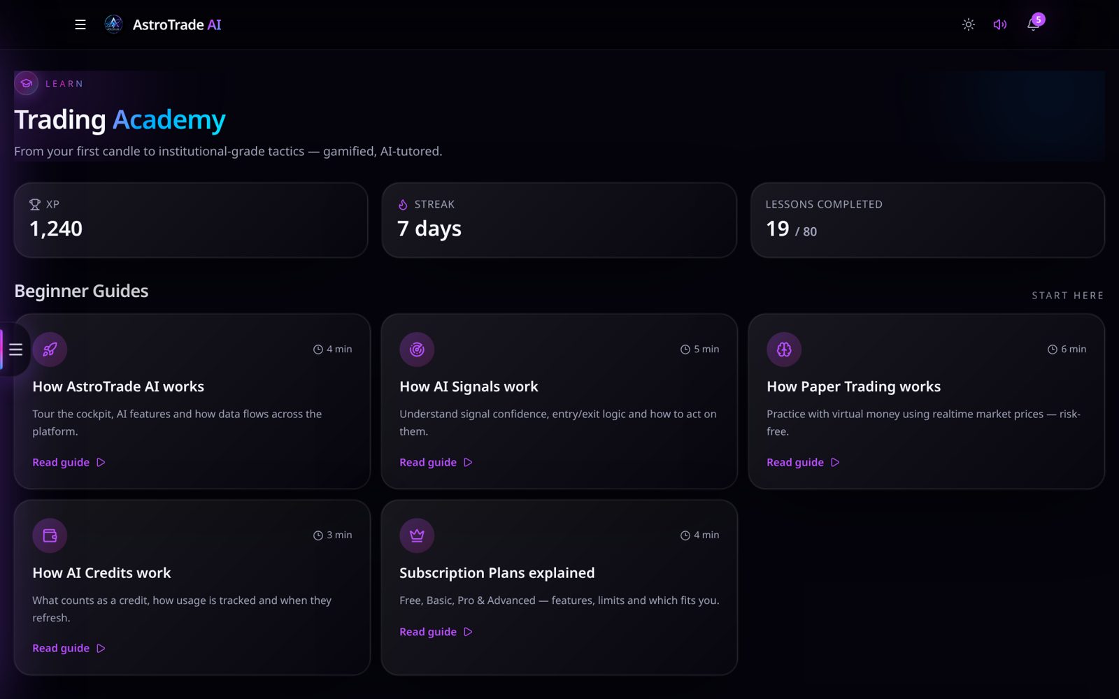 AstroTrade AI Trading Academy page with XP, streak, lessons completed and beginner guide cards